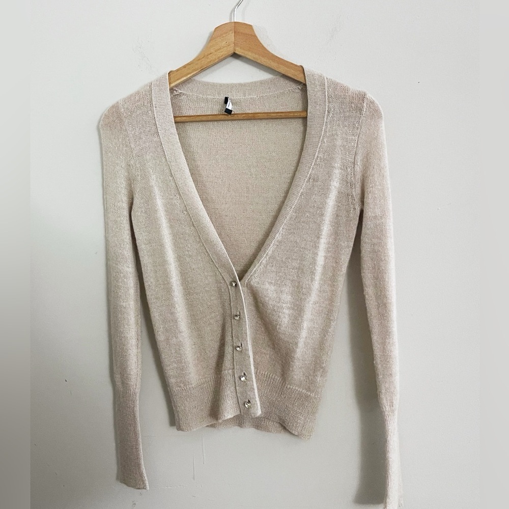 J. Crew Metallic Thread Taupe V-Neck Button Cardigan Preppy Chic Minimalist